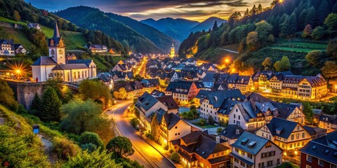 Fototapeta premium Charming Night Townscape: Illuminated Buildings & Cozy Streets