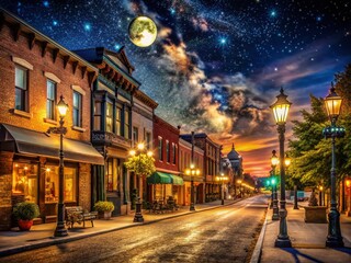 Charming Small Town Main Street at Night, Illuminated Storefronts, Cozy Atmosphere