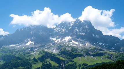 Snowy peaks rise above green valley