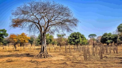 Fototapeta premium Majestic baobab tree in african savanna landscape under clear blue sky