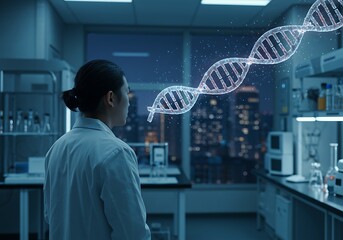 Fototapeta premium Scientist Contemplating Glowing DNA Helix in Modern Lab at Night