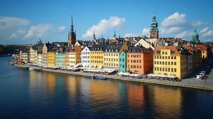 Fototapeta premium Colorful waterfront buildings reflecting on a calm river, a picturesque European cityscape under a vibrant blue sky.