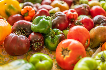 Colourful assortment of tomatoes and peppers on a table.