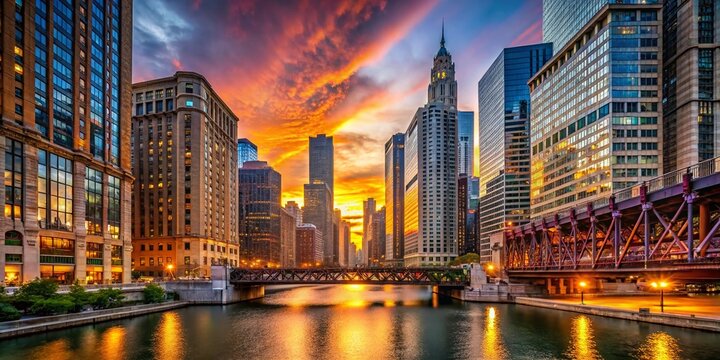 Chicago Loop Sunset Rush Hour - Lasalle Street Bridge Riverwalk View