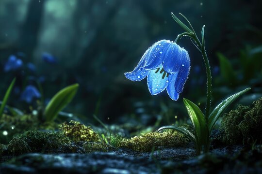 Fototapeta A single, vibrant blue flower, glistening with dew, stands tall in a dark, mysterious forest.