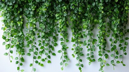 Hanging greenery decorates white wall