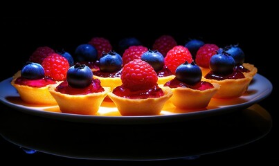 Elegant dessert of mini tarts topped with fresh berries illuminated by soft glowing light, evoking indulgence and sophistication in a culinary display