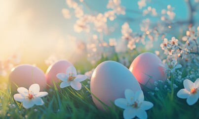 Artistic Easter-themed composition featuring pastel eggs resting on fresh green grass, delicate blossoms scattered around, bright natural light enhancing the festive feel,