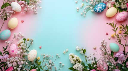 Easter composition with decorated eggs and white flowers on pink and blue gradient background.For design, print, wallpaper, poster, interior, advertising, banner.With place for text.	