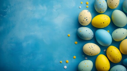 Easter colored eggs with speckles on blue textured background with copy space.For design, print, wallpaper, poster, interior, advertising, banner.