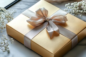 Golden gift box with beige silk ribbon bow and baby's breath flowers on white marble surface.For design, print, wallpaper, poster, interior, advertising, banner.