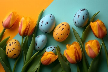 Easter speckled eggs with orange tulips on turquoise and orange dual background.