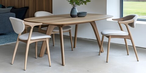 Modern Light Wood Dining Table with Upholstered Chairs