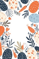 Easter floral pattern with carrots, eggs and botanical elements in navy blue, coral and beige colors.For design, print, wallpaper, poster, interior, advertising, banner.With place for text.	