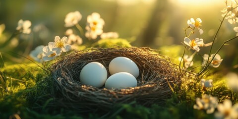 Obraz premium Nest of three white eggs surrounded by blooming flowers in a sunlit meadow during early morning
