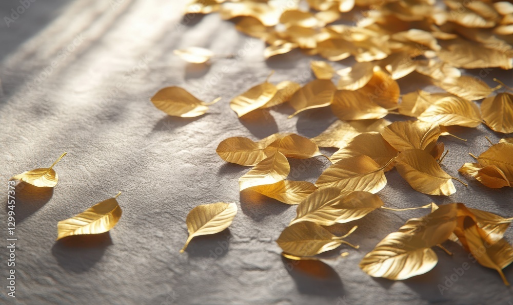 Wall mural artistic flat lay of golden autumn leaves scattered on a textured gray surface illuminated by soft d