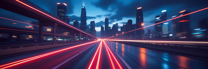 Fototapeta premium A vibrant city skyline at night with light trails from moving vehicles on a highway.