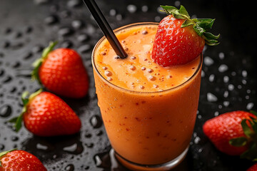 Refreshing strawberry smoothie with vibrant color and wet backdrop