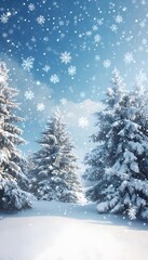 Snow covered evergreen trees in a winter wonderland scene