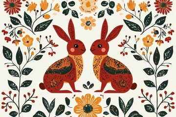 Folk Art-Inspired Easter Illustration with Bold Colors A unique Easter-themed illustration featuring folk art patterns of rabbits, birds, and flowers