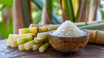 Sugarcane stalks and granulated sugar in wooden bowl natural sweetness