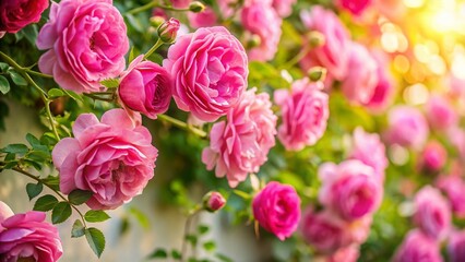 Obraz premium Climbing Pink Roses Blooming in Garden - Vibrant Flowers, Selective Focus Stock Photo