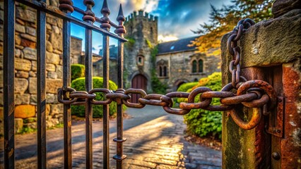 Closed Metal Gate with Chain, Ancient Castle Entrance - Stock Photo