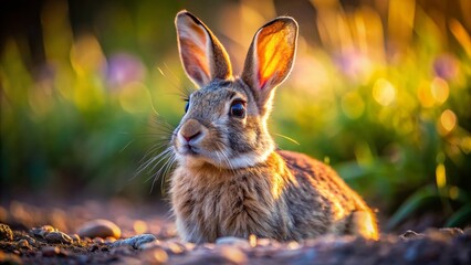 Fototapeta premium Close-Up Aerial View of a Hare Sitting, Alert Ears Raised, Detailed Head and Body