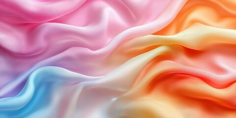 Colorful silk fabric displays flowing textures in pastel shades of pink, orange, and cream under soft lighting