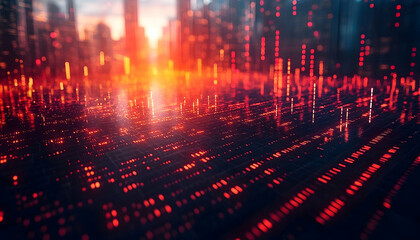 Obraz premium Digital Metropolis, Red Data Streams Illuminate the Urban Grid