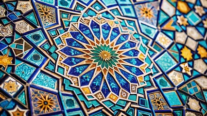 Close-up Colorful Geometric Islamic Mosaic Facade Detail - Stock Photo