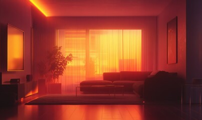 Bold modern interior glowing softly under warm ambient lighting, featuring minimalist furniture and sleek decor for a sophisticated home design