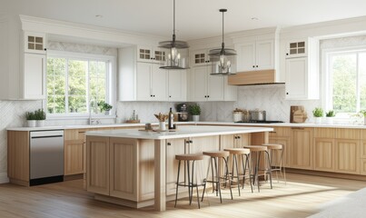 Bright kitchen with white countertops, light wooden cabinetry, and soft natural light creating a fresh and inviting cooking space