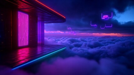 Obraz premium Futuristic Platform Above Clouds with Neon Lights and Geometric Shapes