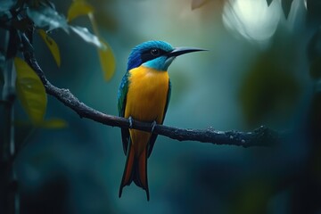 Naklejka premium A vibrant blue-crowned hanging parrot perched on a branch, showcasing its yellow and orange plumage against a blurred teal background.