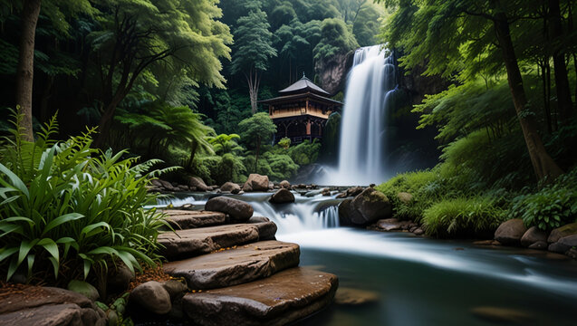 waterfall in the forest with a view of the old mosque