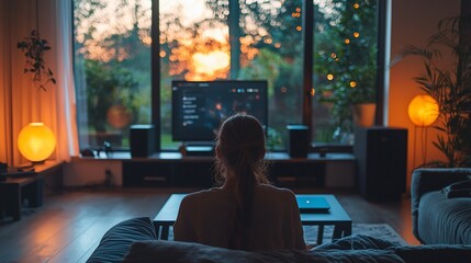 Fototapeta premium Woman watching sunset TV at home