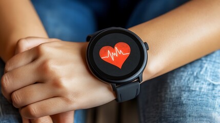 A wrist wearing a smartwatch displaying a heart rate monitor