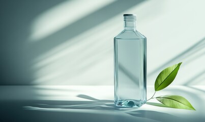 Minimalist bottle of water on a clean surface, glowing under soft natural light with a simple leaf accent for a fresh aesthetic