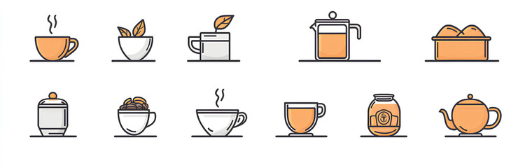 Minimalist tea-themed icon set featuring teapots, cups, tea leaves, and steaming beverages in a modern line art style, arranged in two rows with clean and elegant outlines

