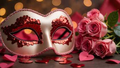 Obraz premium Heart-shaped sequin mask on roses for Valentine’s Day celebration, romance