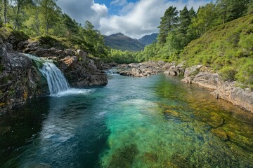 Fototapeta premium Crystal-clear river flows through rocky terrain, cascading into a serene pool amidst lush greenery and majestic mountains.