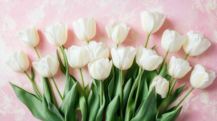 Obraz premium A bunch of tulips arranged in a perfect bouquet, set on a soft pink backdrop, capturing floral elegance.