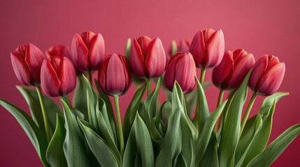 Obraz premium A charming bouquet of tulips arranged neatly on a pink backdrop, with fresh green leaves adding contrast.