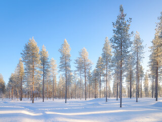 Lapland, Finland. Winter landscape in the forest. Trees covered with snow. Sun rays through the trees. Winter wonderland. Scandinavian countries.