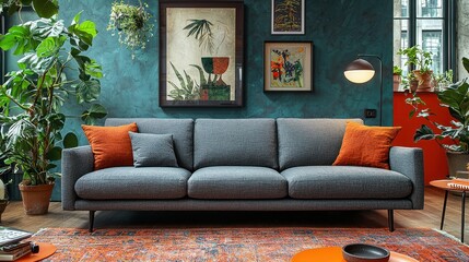 Obraz premium Cozy living room with stylish sofa, plants & wall art in modern home interior