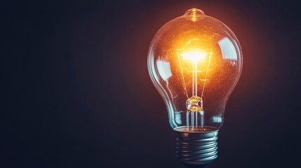 A close-up of a filament light bulb glowing warmly, isolated on a black background for a dramatic effect.