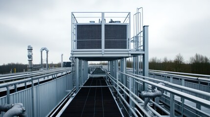 Fototapeta premium A commercial rooftop air conditioning unit with metal casings, featured against a high-tech industrial background, symbolizing large-scale cooling solutions.