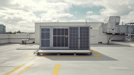 A commercial rooftop air conditioning unit with metal casings, featured against a high-tech industrial background, symbolizing large-scale cooling solutions.