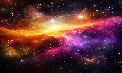 Fototapeta premium Dramatic nebula with vibrant red, purple, and gold hues, surrounded by glowing stars and cosmic dust, creating a powerful and mesmerizing space scene,